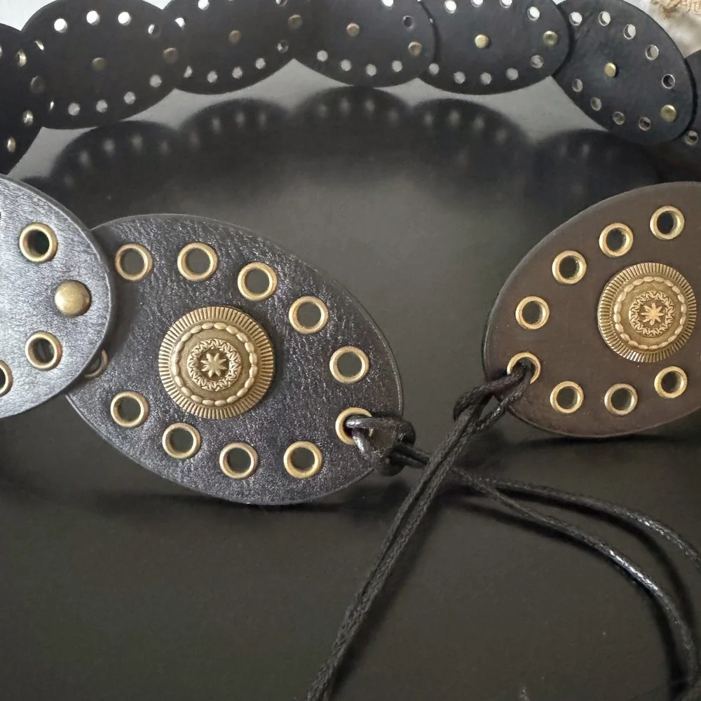 Boho Western Black Faux Leather Medallion Grommet Tie Belt Waist cinch NWOT